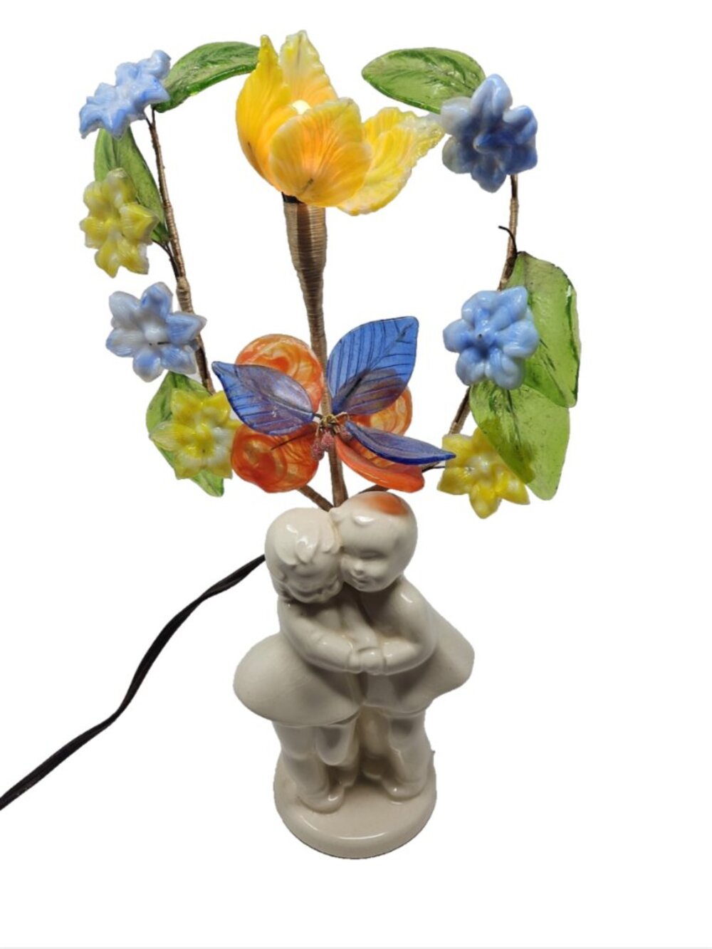 Vintage MCM Richard Singer Boy Girl Ceramic Murano Slag Glass Flower Lamp Works!